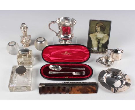 A George IV silver christening tankard of faceted baluster form, London 1826, height 9.5cm, and a group of other silver, incl