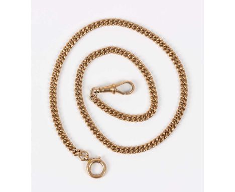 A gold uniform curblink Albert watch chain, detailed ‘9c’, fitted with a gold swivel, detailed ‘9ct JG&amp;S’, and a boltring