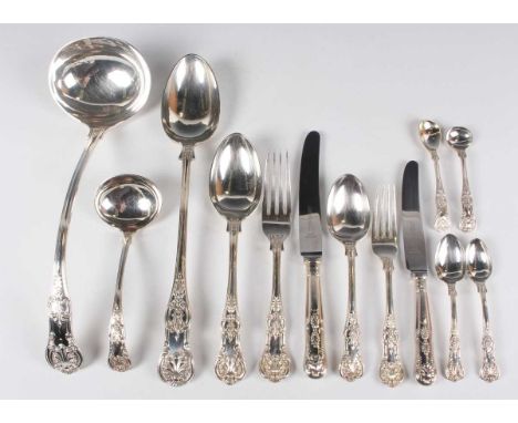 A part canteen of plated Queen's pattern cutlery, comprising twelve table knives, forks and spoons, twelve dessert knives, fo