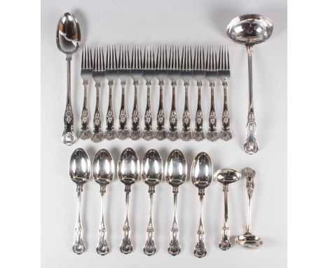 A part canteen of plated King's pattern cutlery, comprising six tablespoons, twelve table forks, twelve dessert forks and spo