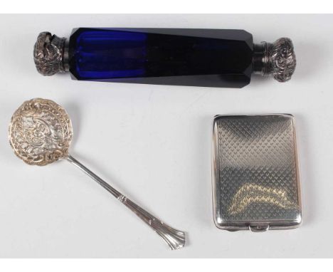 A George V silver engine turned match sleeve case, Birmingham 1934, length 6.3cm, a late Victorian silver Albany pattern sift