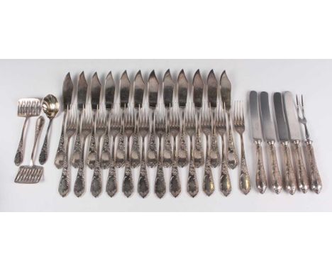 A set of twelve Polish plated fish knives and forks, four matching dessert knives, a meat fork, two pastry servers and a pres