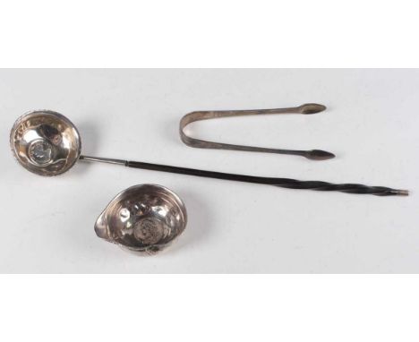 A pair of George III silver Old English pattern sugar tongs, London 1816 by Naphtali Hart, weight 33.3g, a silver toddy ladle
