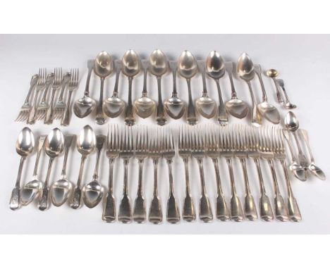 A George III part canteen of silver Fiddle and Thread pattern cutlery, crest engraved, comprising thirteen tablespoons and fo