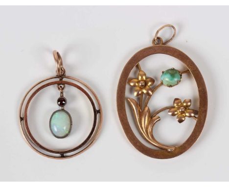 A 9ct gold and turquoise oval pendant designed as a floral spray, Chester 1915, length 3.4cm, and a gold, silver set, opal an