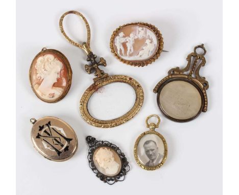 A small group of 19th century and later jewellery, comprising a base metal mounted rotating fob with an intaglio depicting a 