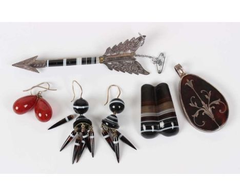 A pair of banded agate and paste imitating agate pendant earrings, length 5.8cm (one drop detached but present, another lacki