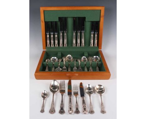 A part canteen of plated King's pattern cutlery, comprising three tablespoons, six table knives and forks, six dessert knives