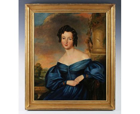 British School (mid 19th century) - Portrait of a lady wearing a blue gown, on a terrace with a landscape beyond, oil on canv