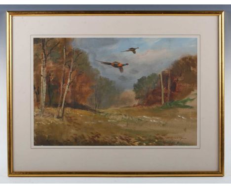 Roland Green (British 1896-1972) – Pheasant in flight, oil sketch on paper, signed lower right, 35cm x 52.5cm, within a gilt 