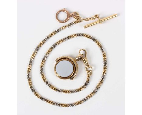 A two colour gold curblink Albert watch chain, fitted with a swivel, detailed ‘18ct’, a T-bar, unmarked, a gold boltring, det