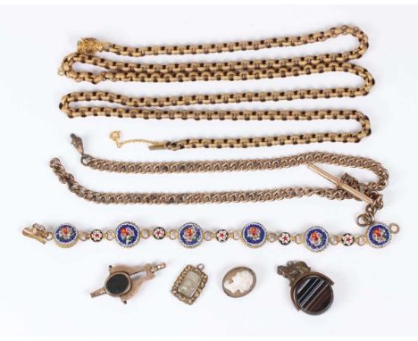 A group of 19th century and later jewellery, comprising a gilt metal circular link neckchain, length 95cm, a rectangular mour