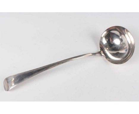 A George IV silver Old English pattern soup ladle with engraved feather-edge decoration, London 1824 by John Meek, weight 180