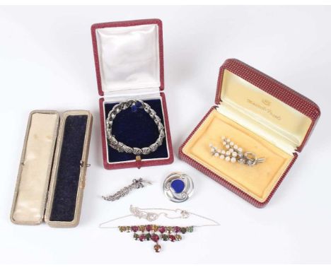 A small group of jewellery, comprising a silver and varicoloured gem set necklace, the front mounted with oval cut and cushio