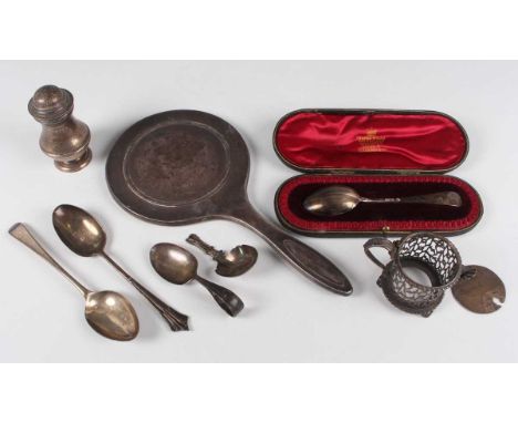 A George V silver caster of baluster form, London 1935, height 9cm, and a small group of other silver, including a Victorian 
