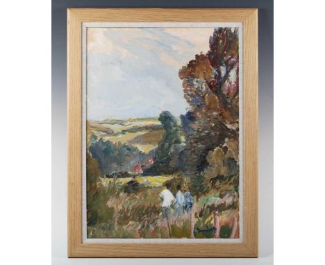 Ronald Ossory Dunlop (Irish 1894-1973) – Figures in a Sussex landscape, oil on canvas, signed lower right, 56cm x 40cm, withi
