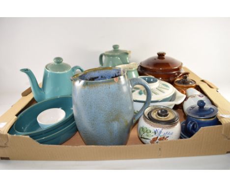 TRAY CONTAINING CERAMIC ITEMS, MAINLY KITCHEN WARES, COMPRISING VARIOUS JUGS AND COVERS, BROWN GLAZED TUREEN ETC