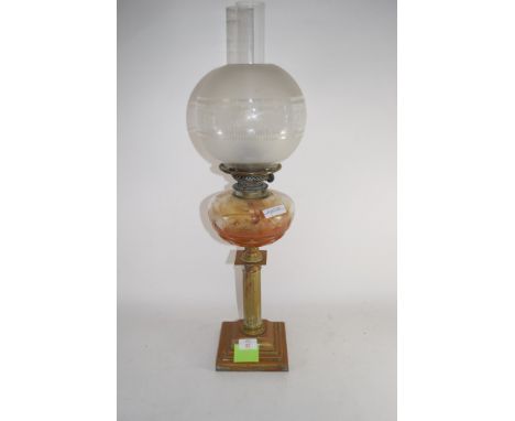 OIL LAMP WITH BRASS CORINTHIAN COLUMN, GLASS RESERVOIR AND SHADE