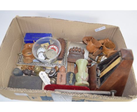 BOX CONTAINING METAL WARES INCLUDING PHOTO FRAME, SMALL BOX CONTAINING WATCH PARTS, METRONOME ETC