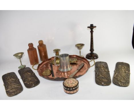 BOX CONTAINING METAL AND CERAMIC WARES, TWO GINGER BEER BOTTLES, PEWTER TANKARD, LARGE ART NOUVEAU STYLE COPPER TRAY WITH BRA