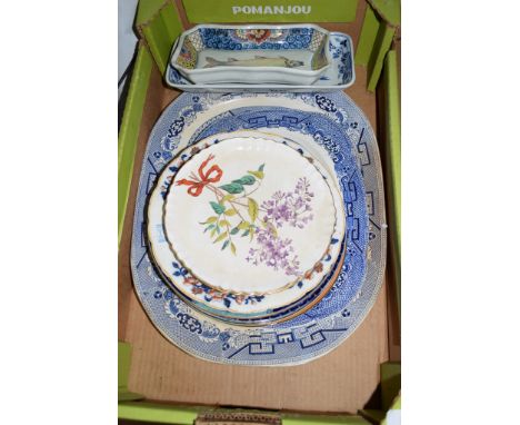 TRAY CONTAINING CERAMIC WARES INCLUDING SOME MINTON PLATES, ROYAL DOULTON DICKENSWARE PLATE, LARGE BLUE AND WHITE MEAT PLATTE