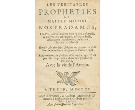 NOSTRADAMUSLes Vrayes centuries et propheties,  a little light foxing, contemporary vellum, slightly soiled, Rouen, Jean B[ap