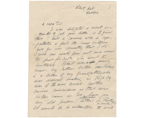 IRELAND – COUNTESS MARKIEVICZAutograph letter signed ('your affectionate unknown cousin Constance de Markievicz') to her Aust