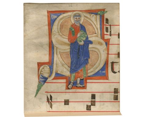 ILLUMINATED MINIATURESt. Peter standing, holding the keys to heaven and a book,  initial 'S' cut from an illuminated Antiphon