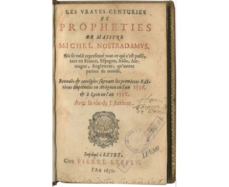 NOSTRADAMUSLes Vrayes centuries et propheties.. avec la vie de l'autheur,  woodcut printer's device on title, occasional ligh