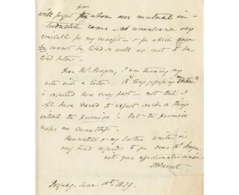 BROWNING (ELIZABETH BARRETT)Fine autograph letter signed ('EB Barrett'), the second and concluding bifolium, to John Kenyon, 