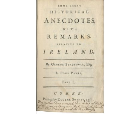 IRELAND - ECONOMICSSTACPOOLE (GEORGE) Historical Anecdotes with Remarks, Relative to Ireland... Part I (all published), FIRST