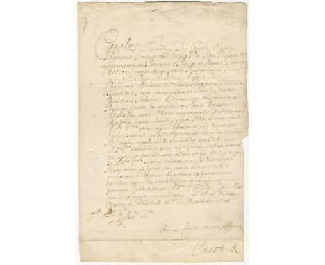 CHARLES IILetter signed and subscribed ('Bonus frater consanguineus et amicus/ Carolus R'), to his nephew Charles II of Spain