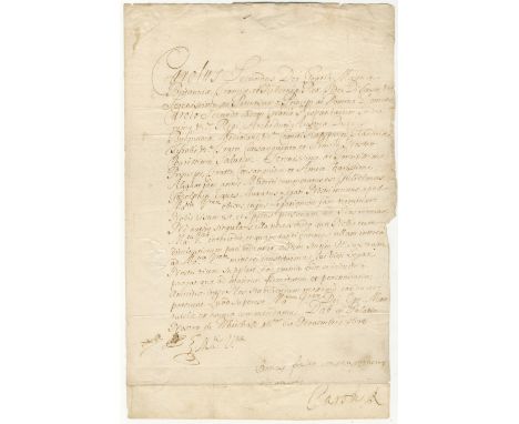 CHARLES IILetter signed and subscribed ('Bonus frater consanguineus et amicus/ Carolus R'), to his nephew Charles II of Spain