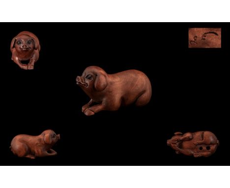 Japanese - Signed and Carved Boxwood Netsuke In The Form of a Japanese Pig. Meiji Period 1864 - 1912. Signed to Underside of 