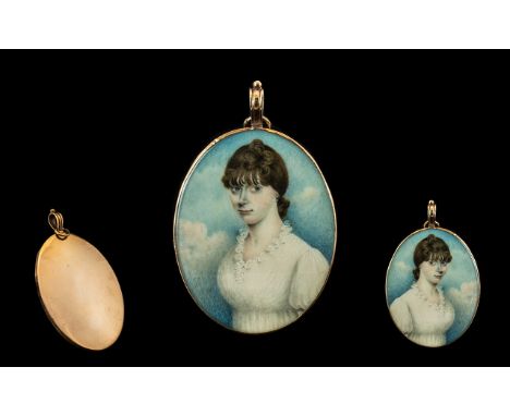 English School Superb Portrait Miniature on Ivory, Within a Gold Mounted Oval Frame, of a Young Lady In A Classical High Wais