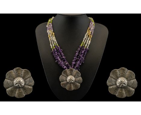 Silver Statement Necklace. Large and impressive mid century statement necklace, large hall marked silver flower design pendan