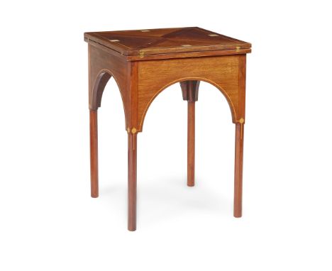 CONTINENTAL ENVELOPE CARD TABLE, CIRCA 1900 mahogany, boxwood and mother-of-pearl inlay, baize lining and brass fixings(open 