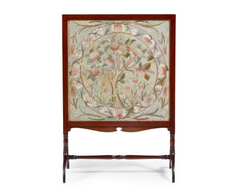 MAY MORRIS (1862-1938) FOR MORRIS &amp; CO. ARTS &amp; CRAFTS FIRESCREEN, CIRCA 1900 coloured silks within a mahogany frame, 