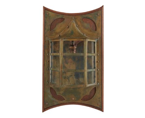 BIRMINGHAM GUILD OF HANDICRAFT ARTS &amp; CRAFTS WALL LIGHT, CIRCA 1895 brass, oak(44.5cm high, 25.5cm wide, 10cm deep)