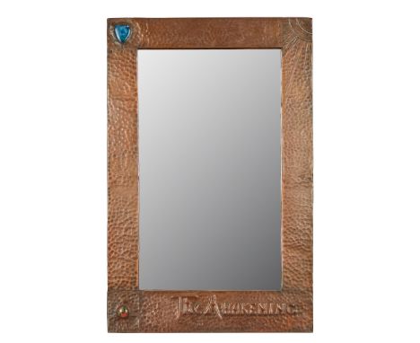 ENGLISH ARTS &amp; CRAFTS WALL MIRROR, CIRCA 1900 copper, Ruskin ceramic inserts, mirrored glass, bears repoussé inscription 