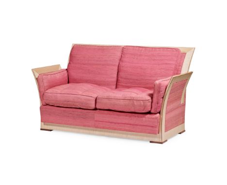 § RUPERT WILLIAMSON (B.1945) PAIR OF SOFAS, 2012 sycamore inlaid with walnut, silk upholstery(182.5cm wide, 99.5cm high, 81cm