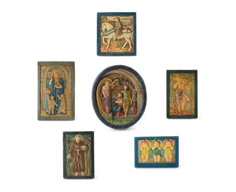 COMPTON POTTERS’ ART GUILD GROUP OF SIX PLAQUES, CIRCA 1920 painted pottery, comprising THE HOLY FAMILY, 21cm x 18.5cm; ST. C