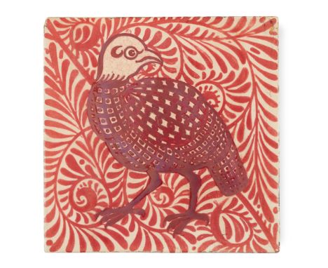 WILLIAM DE MORGAN (1839-1917) ARTS &amp; CRAFTS RUBY LUSTRE  TILE, CIRCA 1890 glazed ceramic, depicting a partridge on scroll
