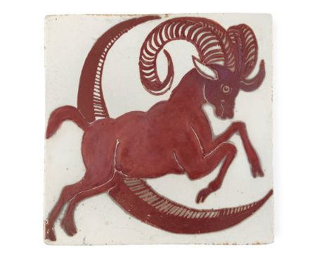 WILLIAM DE MORGAN (1839-1917) ARTS &amp; CRAFTS RUBY LUSTRE TILE, CIRCA 1890 glazed ceramic, depicting a mountain goat leapin
