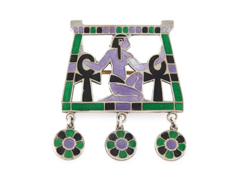 ENGLISH ART DECO EGYPTIANESQUE BROOCH, CIRCA 1930 sterling silver, enamel, stamped maker's mark AFK/ STERLING SILVER, 3cm wid