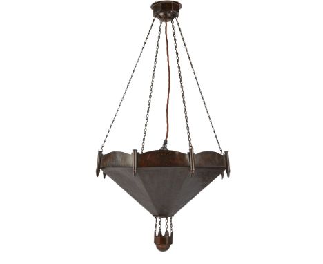 MANNER OF SCOTTISH GUILD OF HANDICRAFT ARTS &amp; CRAFTS CEILING LIGHT, CIRCA 1910 patinated and painted brass(87cm high, 43c