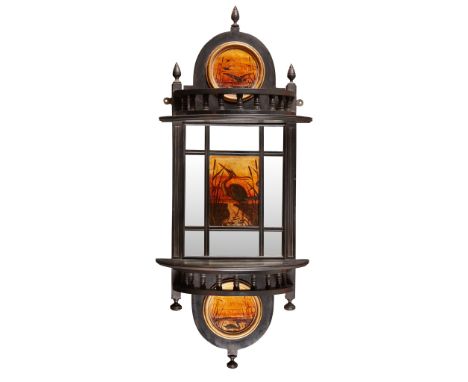 ENGLISH AESTHETIC MOVEMENT WALL BRACKET, CIRCA 1880 ebonised and gilded wood with painted panels and mirrored plate(93cm tall