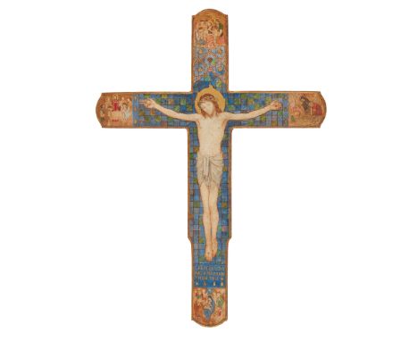 MINNIE DIBDIN SPOONER (1867-1949) ARTS &amp; CRAFTS CRUCIFIX, CIRCA 1910 painted and gilded wood, inscribed GREATER LOVE HATH