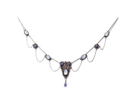 MARY THEW (1876-1953) ARTS &amp; CRAFTS NECKLACE, CIRCA 1918 white metal, set with moonstone cabochons, within original prese