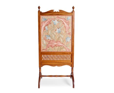 WILLIAM MORRIS (1834-1896) FOR MORRIS &amp; CO. FIRESCREEN, CIRCA 1880 mahogany, with the embroidered panel in coloured silks